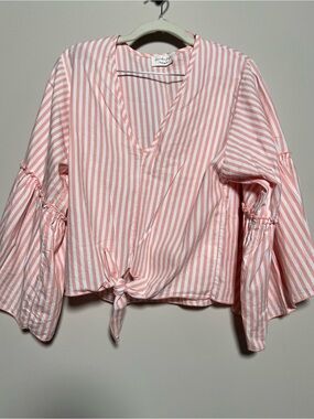 lavender field Pink & White Striped Tie-Front Blouse